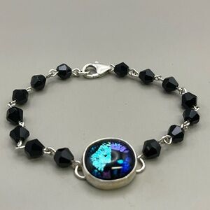 Black and Sterling Silver Beaded Bracelet with Fused Glass Center as an Accent